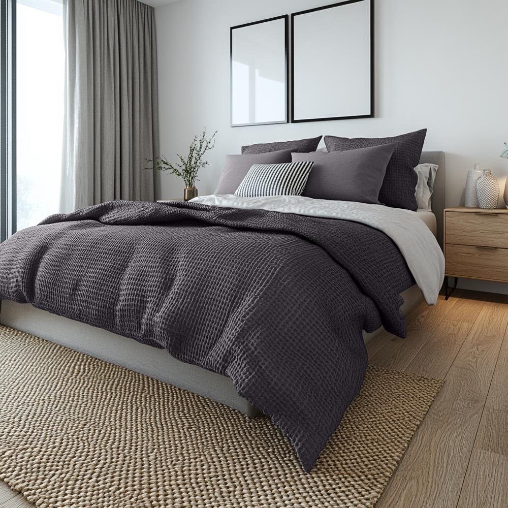 Dark Grey Waffle Cotton Bedspread - 2.5 x 2.6m Bed Runner