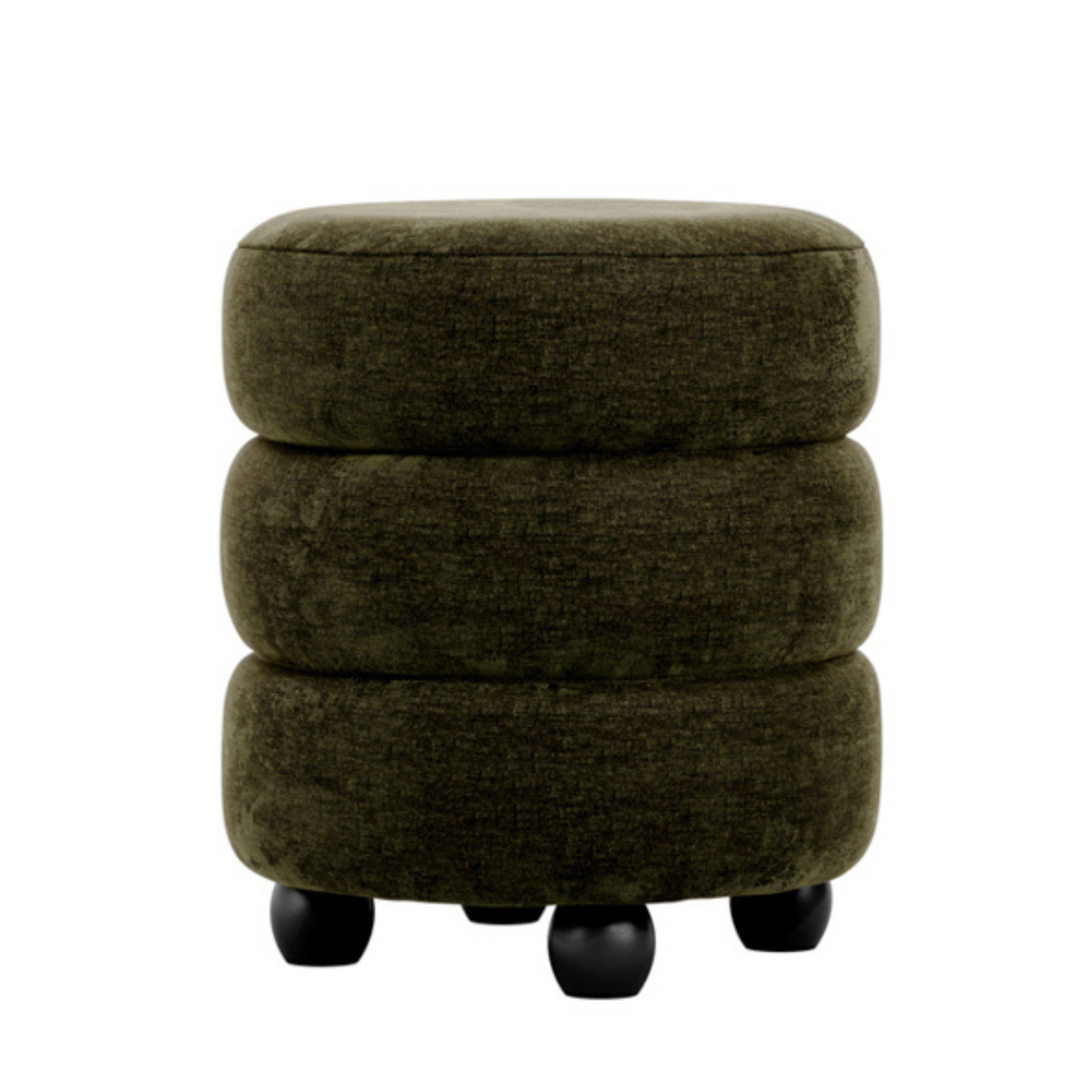 Marple Round Pouffe - Green Velvet Pouf Curved Seat - Black Pine Feet