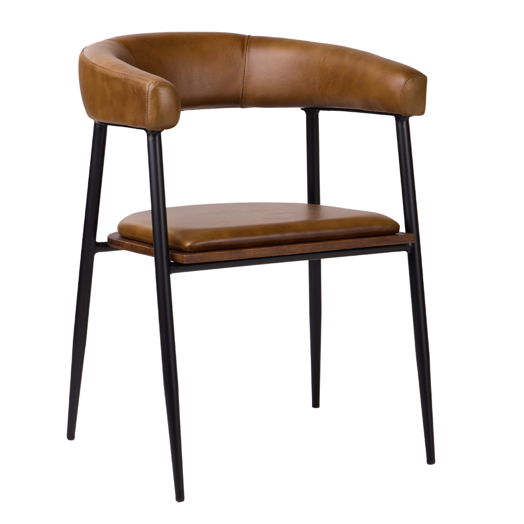 Captains Dining Chair - Olive Brown Leather Seat - Black Metal Base