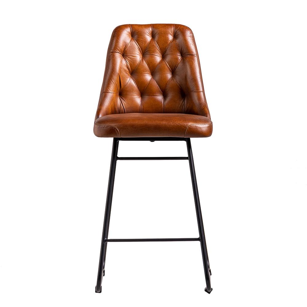 Hague Bar Stool - Tan Real Leather Seat - Black Base - 66cm
