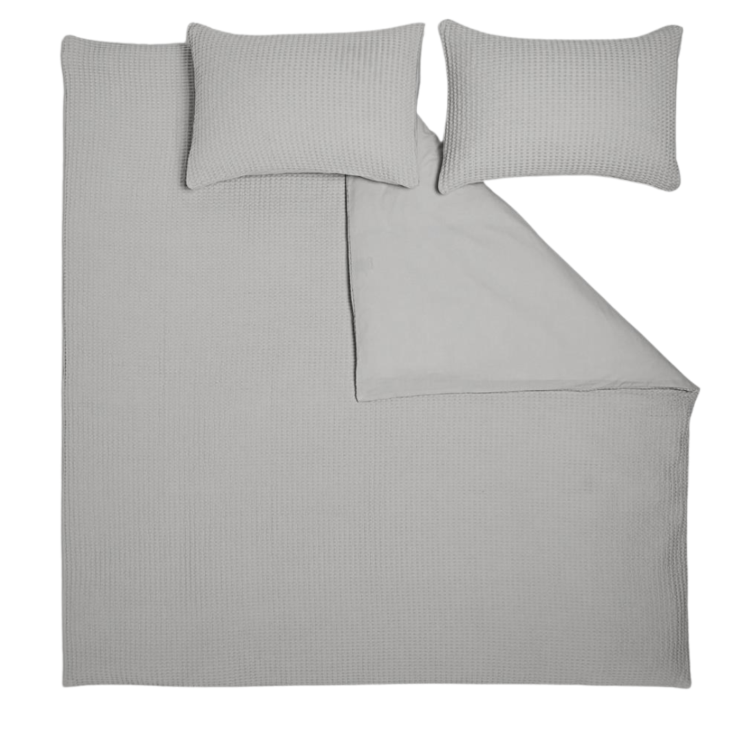 Duvet Cover & Pillowcase Set - Light Grey - Cotton Waffle Design - Double