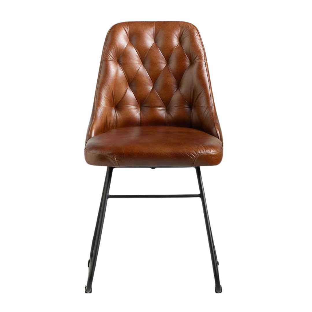 Hague Dining Chair - Brown Real Leather Seat - Black Base