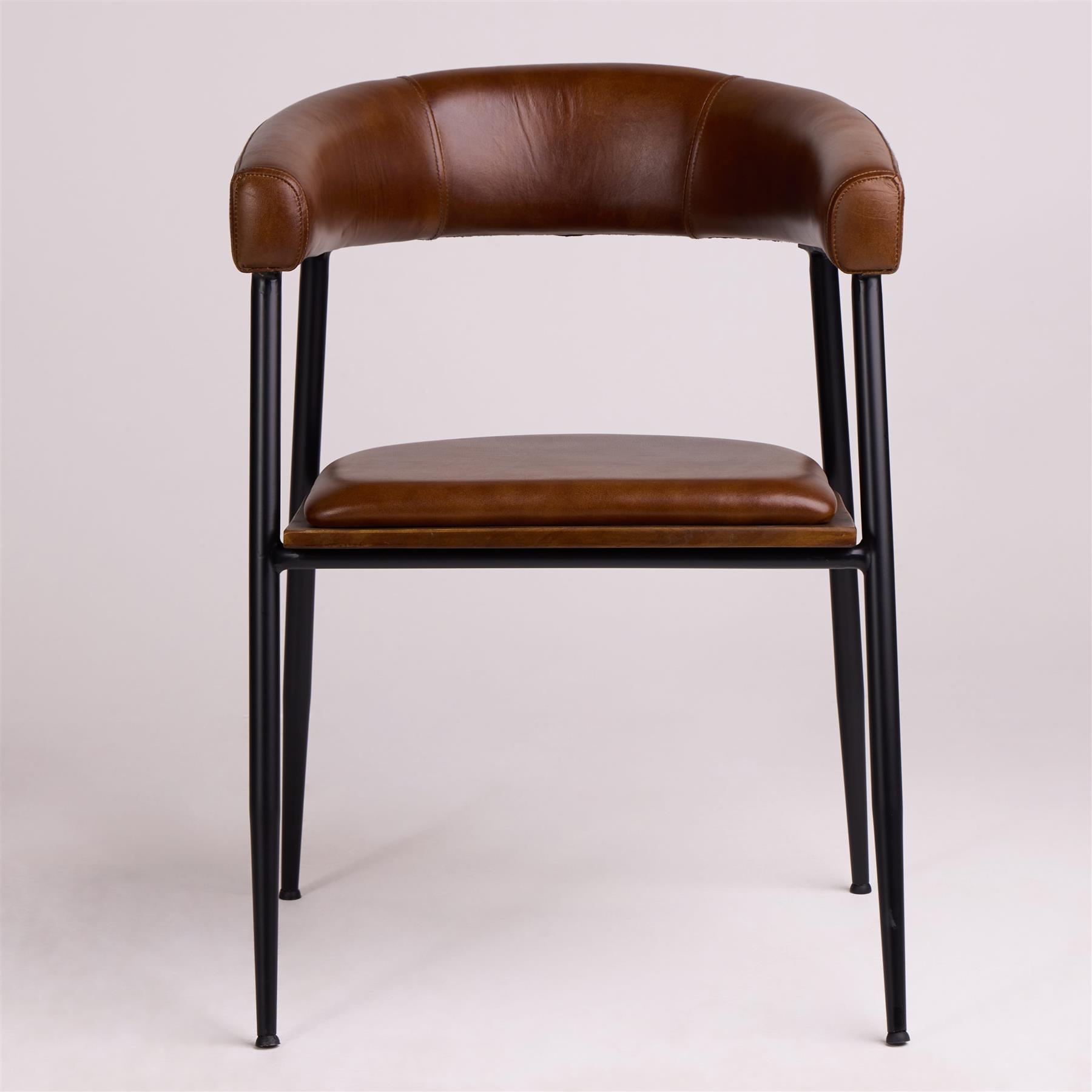 Captains Dining Chair - Brown Leather Seat - Black Metal Base