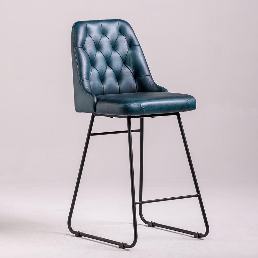 Hague Bar Stool - Blue Real Leather Seat - Black Base - 66cm