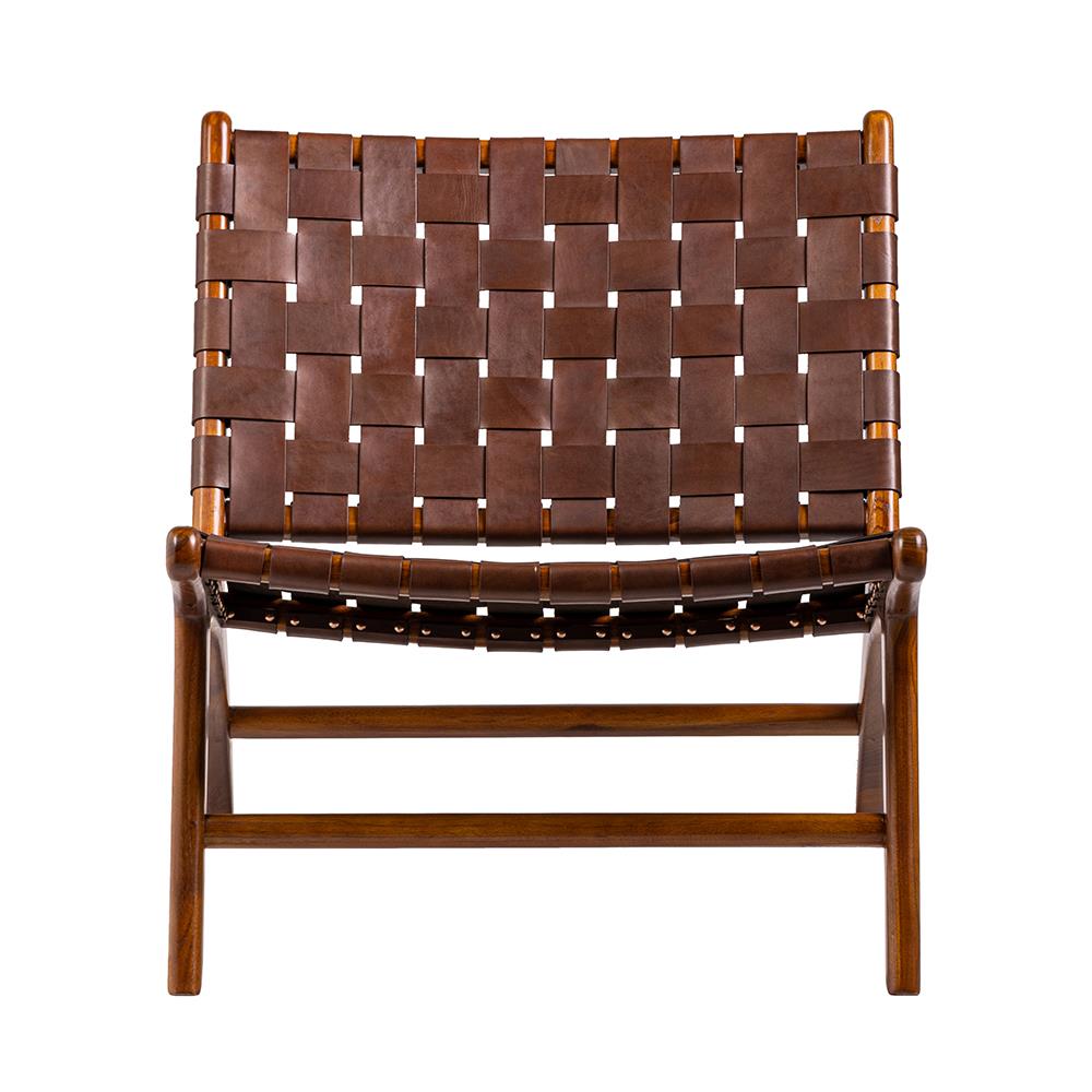 London Lazy Accent Chair - Real Brown Leather Straps - Teak Base