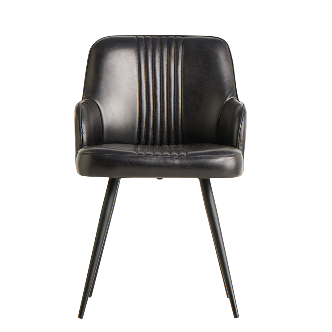 Ancoats Dining Chair - Black Real Leather Seat - Black Metal Base