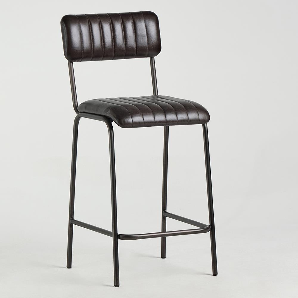Diner Bar Stool - Grey Real Leather Seat - Clear Natural Metal Frame - 66cm