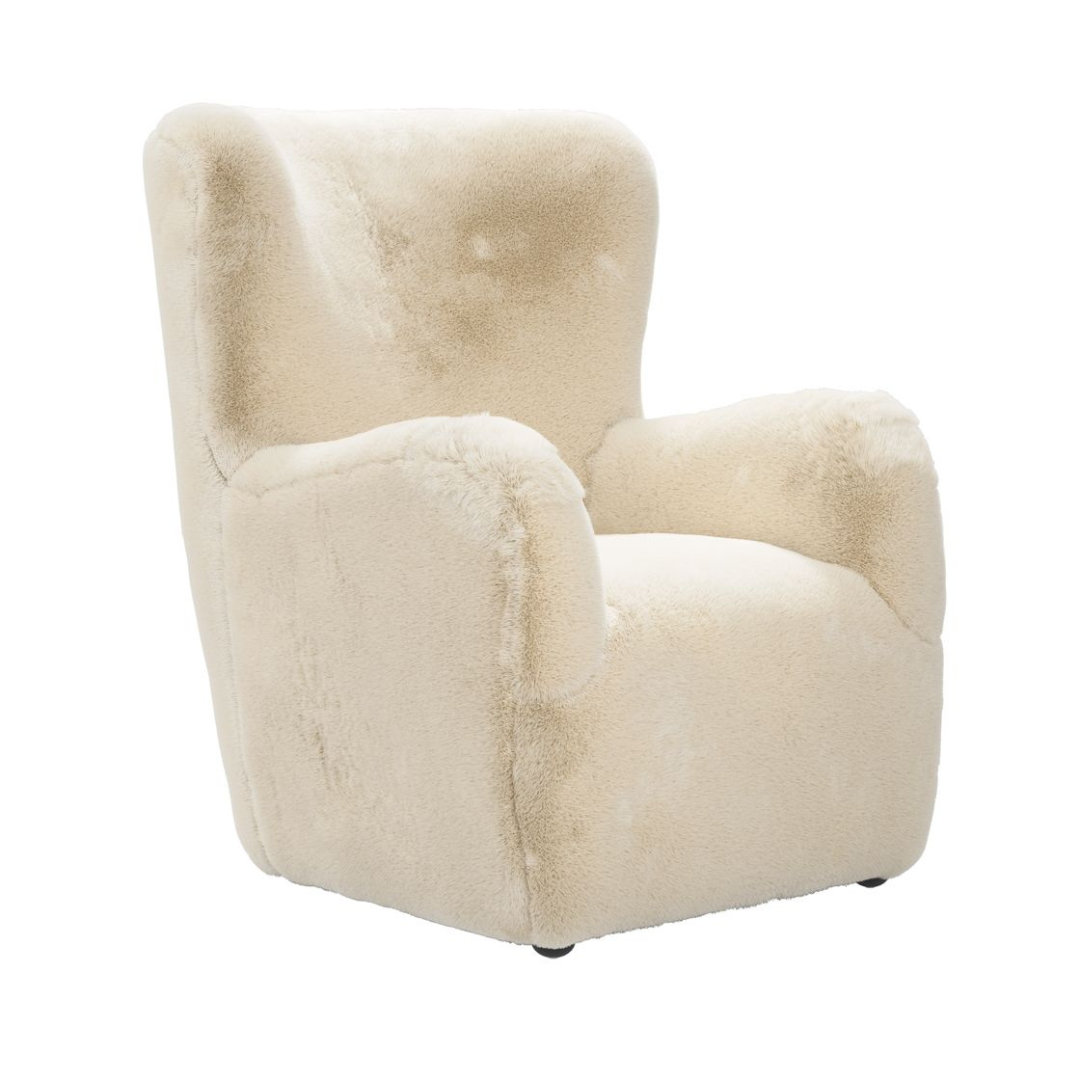 Lobo Armchair - Natural Faux Fur Fabric Seat - Black Wood Feet