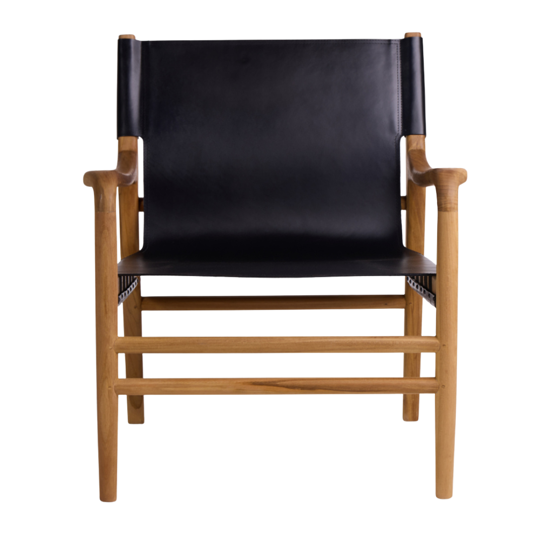 Earl Armchair - Black Leather Lounge Seat - Natural Teak Frame