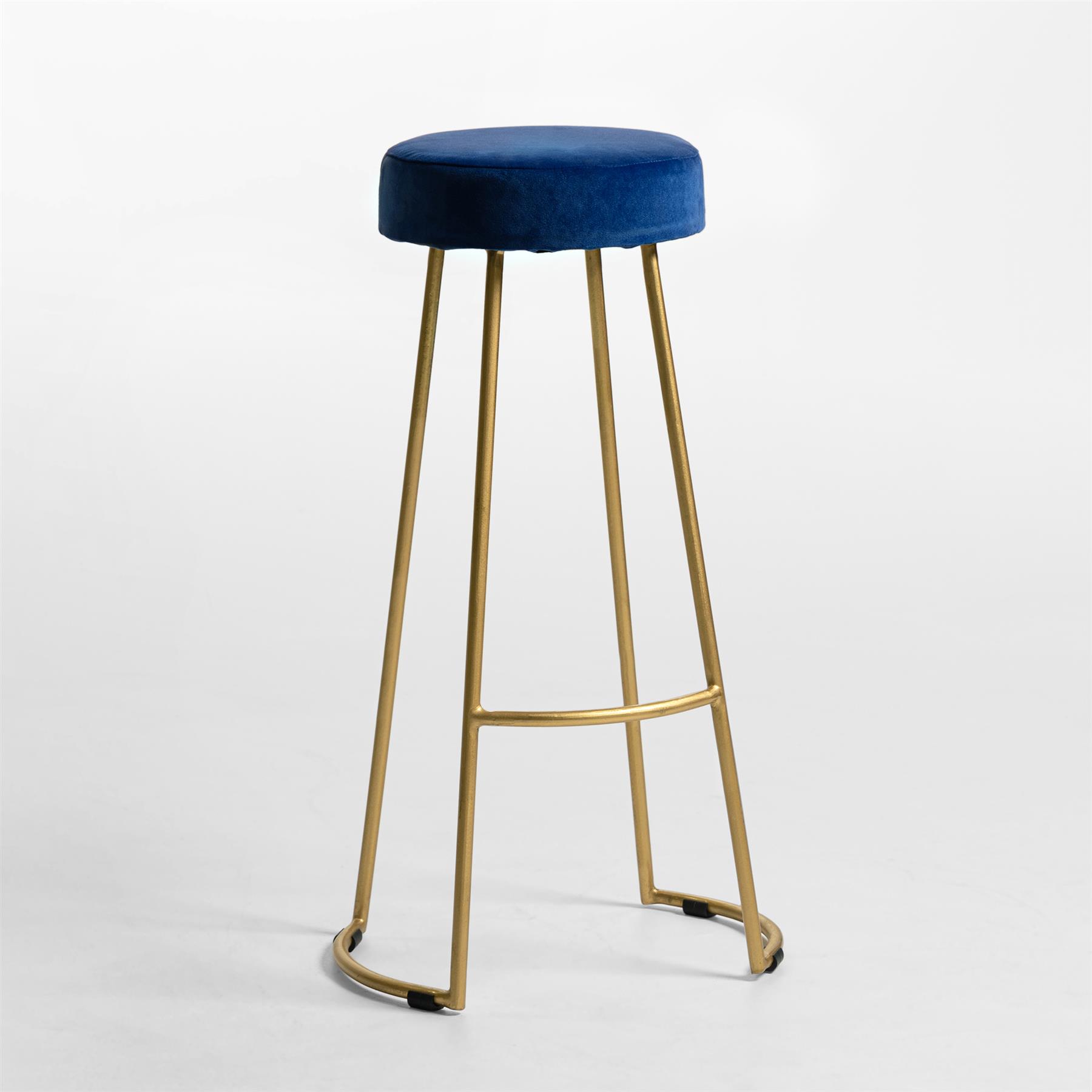 Tapas Bar Stool - Azure Blue Velvet Round Seat - Gold Base - 78cm