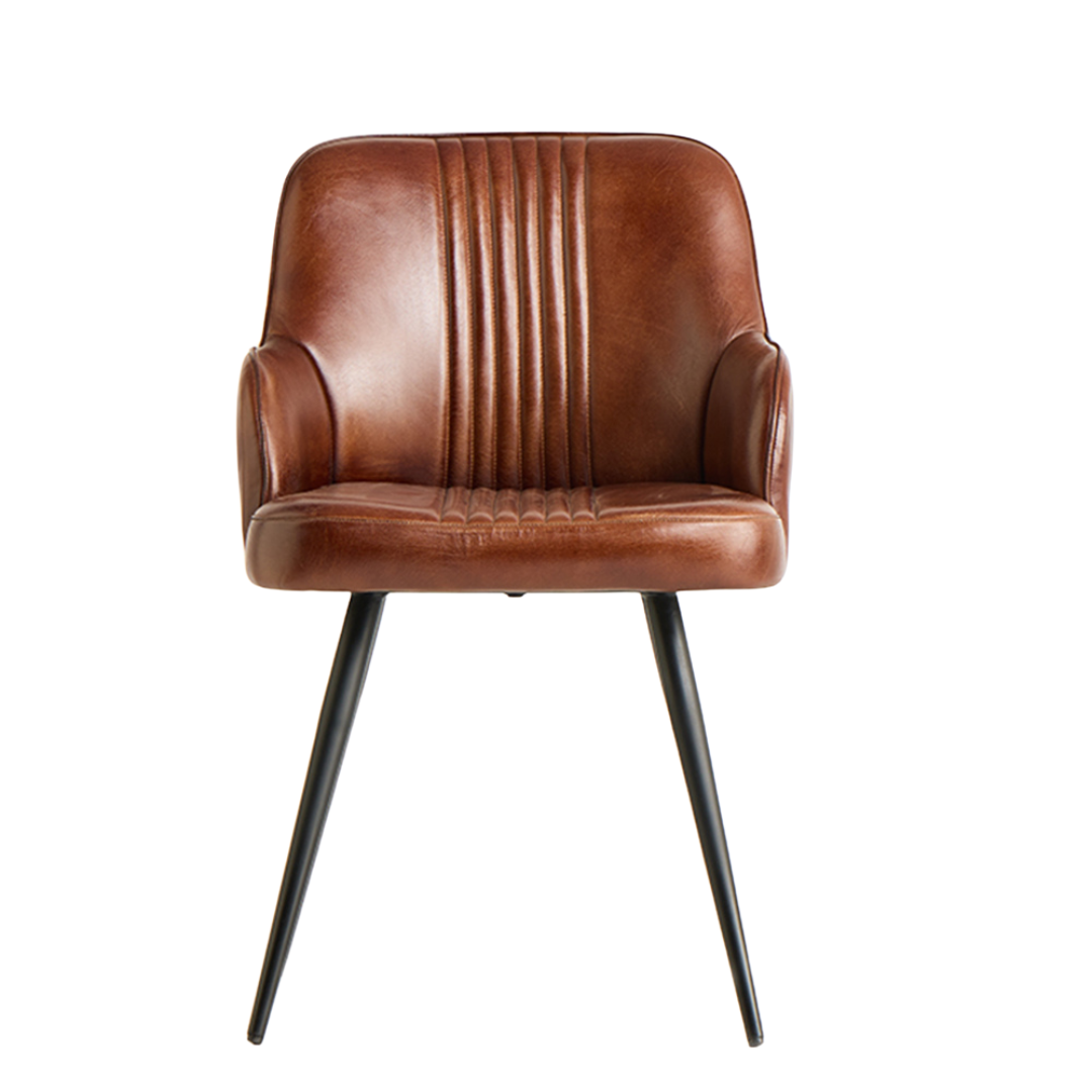 Ancoats Dining Chair - Brown Real Leather Seat - Black Metal Base