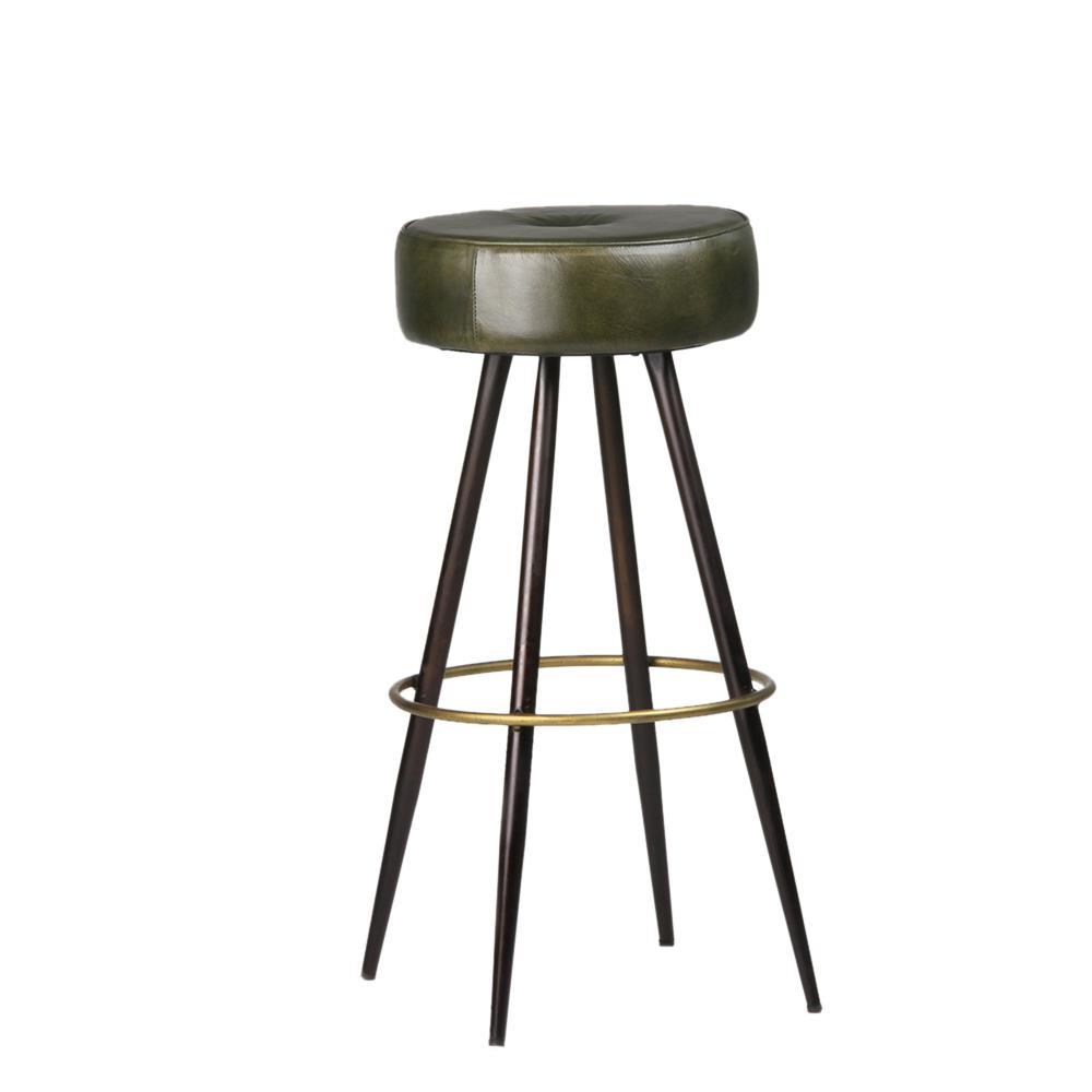 Crompton Bar Stool - Green Round Leather Seat - Pewter & Brass Base - 75cm