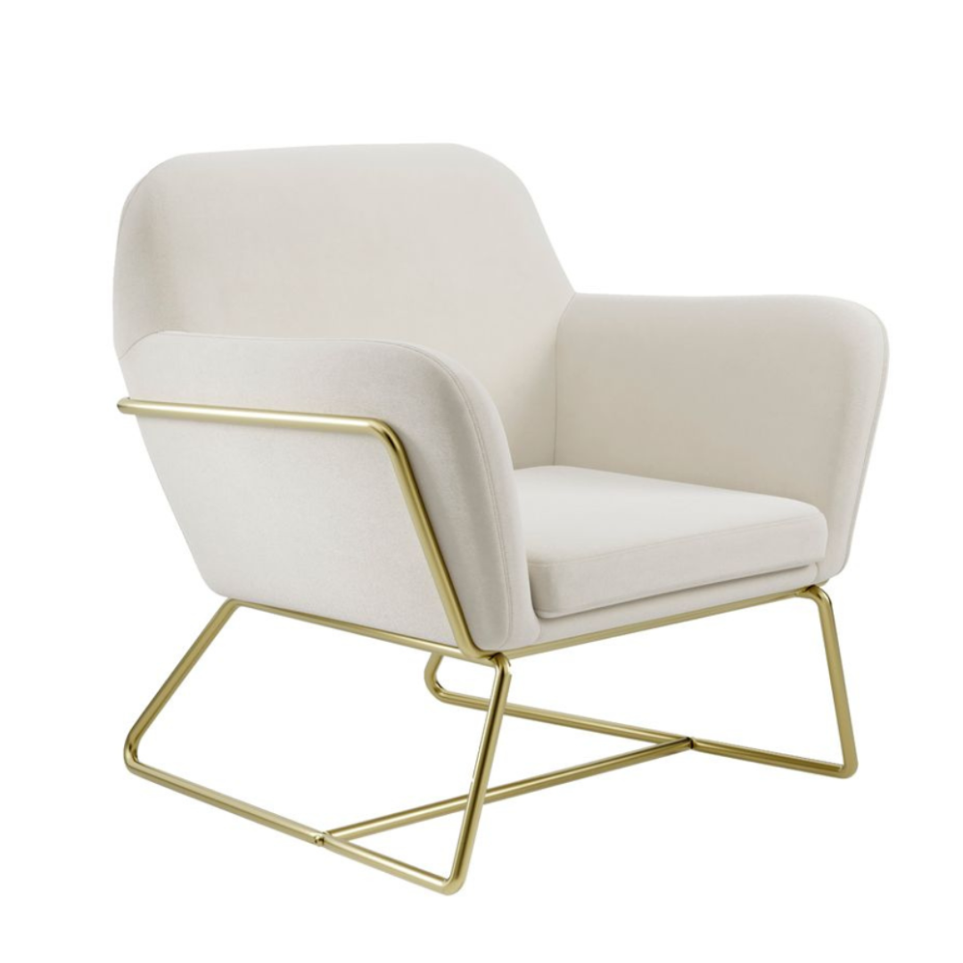 Troy Armchair - Cream Velvet Fabric Seat - Brushed Gold Metal Frame