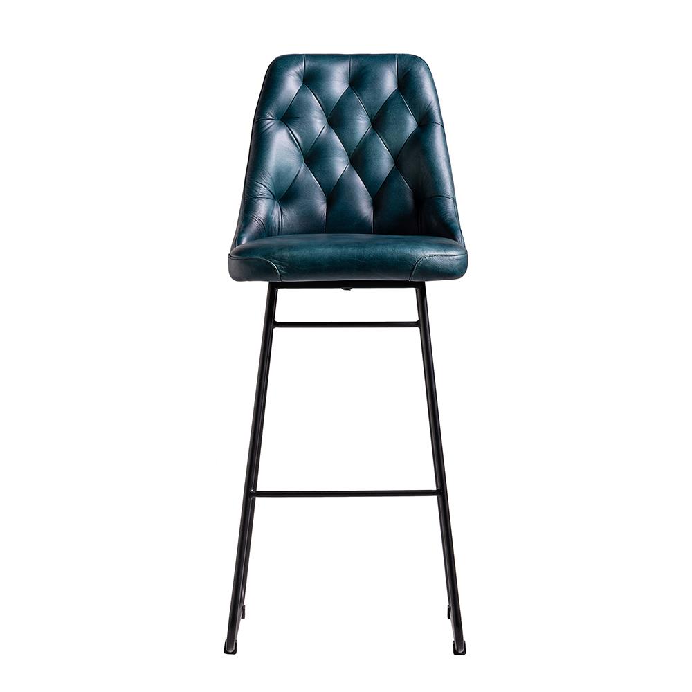 Hague Bar Stool - Blue Real Leather Seat - Black Base - 75cm