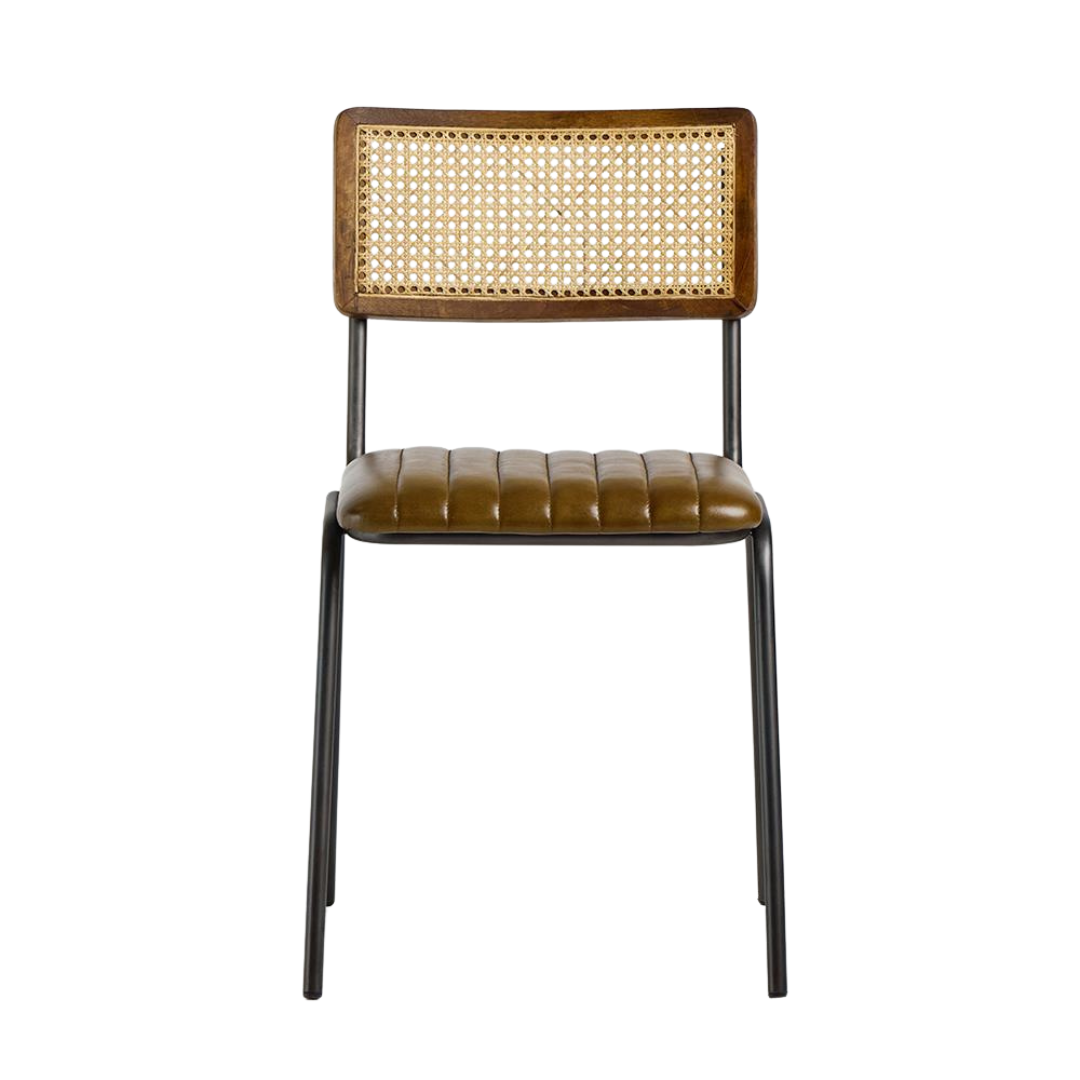 Bexley Dining Chair - Desert Leather Seat with Cane Backrest - Metal Frame