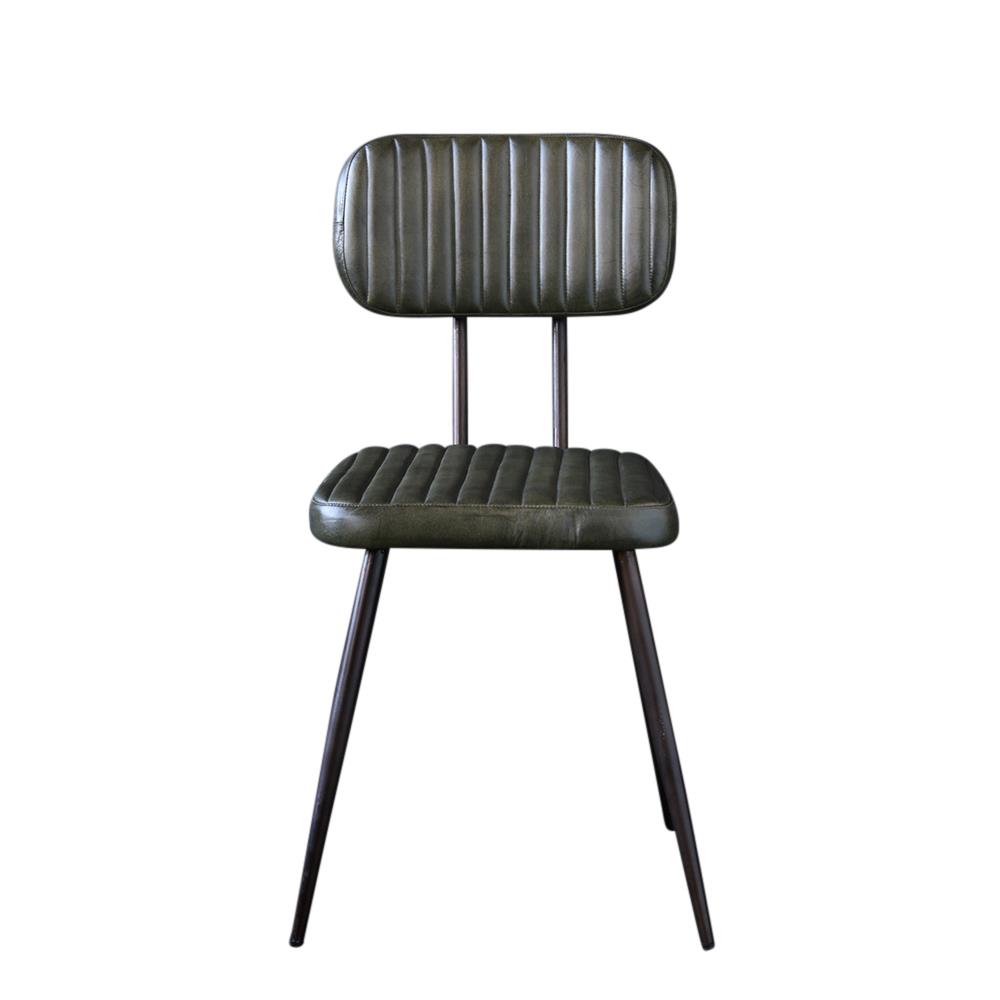 Memphis Dining Chair - Green Real Leather Ribbed Seat - Pewter Base