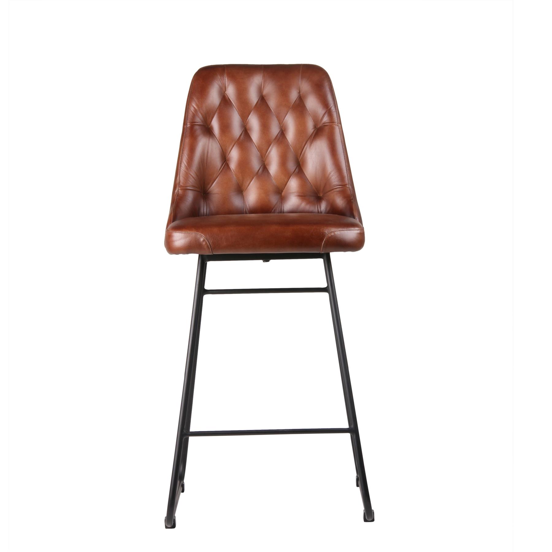 Hague Bar Stool - Brown Real Leather Seat - Black Base - 75cm