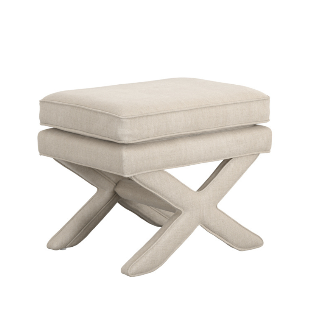 Emilia Low Stool - Stone Linen Blend Fabric Pillow Seat - X-Shaped Legs