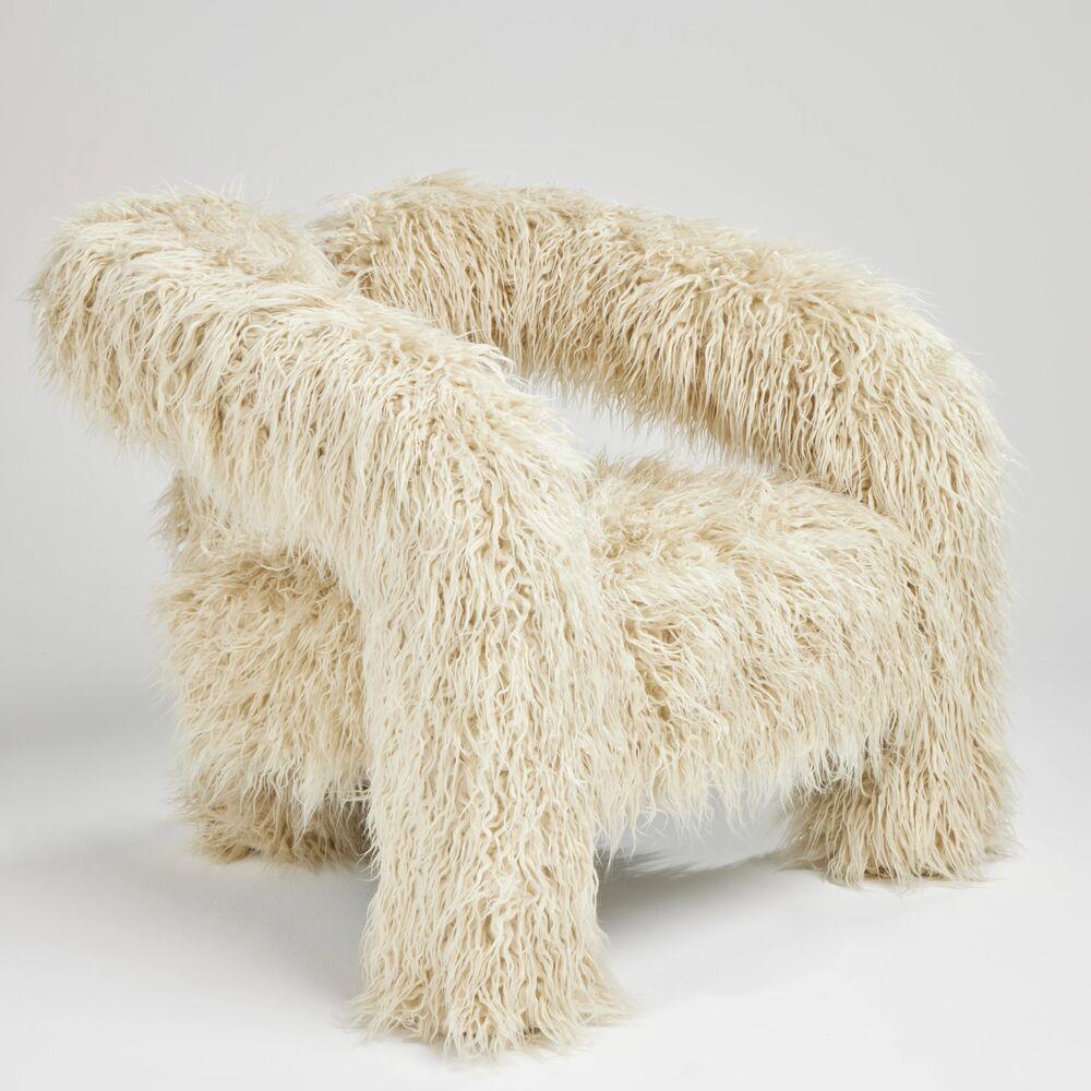 Fenrir Armchair - Long Ivory Faux Sheepskin Fur - Three-Legged Curved Frame