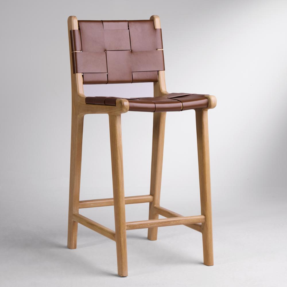 Lisbon Bar Stool Brown Real Leather Strap Counter 66cm Seat Height Teak Frame