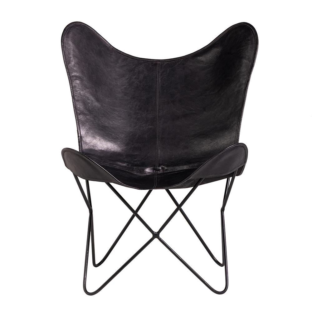 Butterfly Accent Chair - Black Real Leather Seat - Black Base