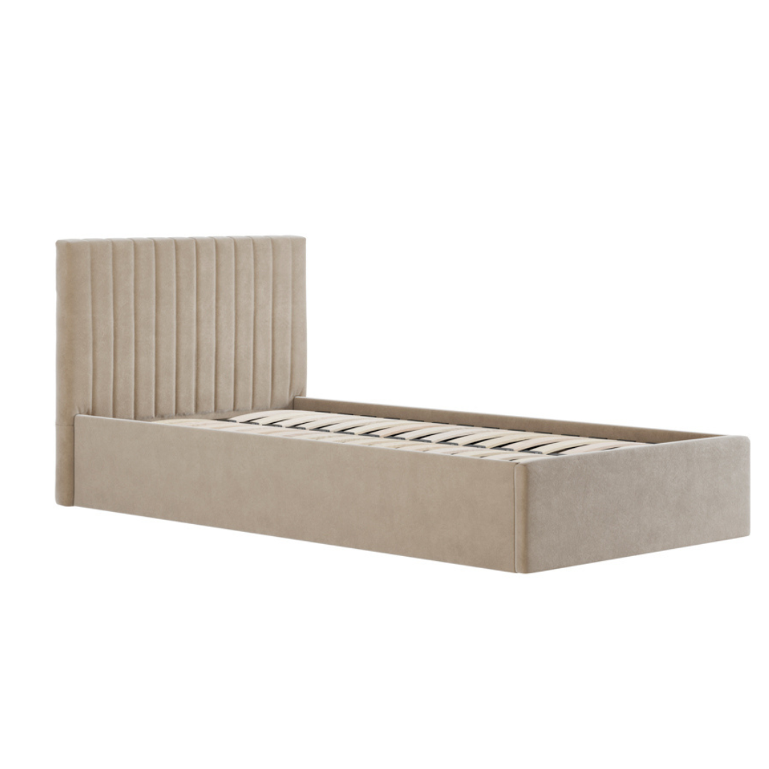 Luna Ottoman Storage Single Bed - Soft Beige Velvet Upholstered Frame