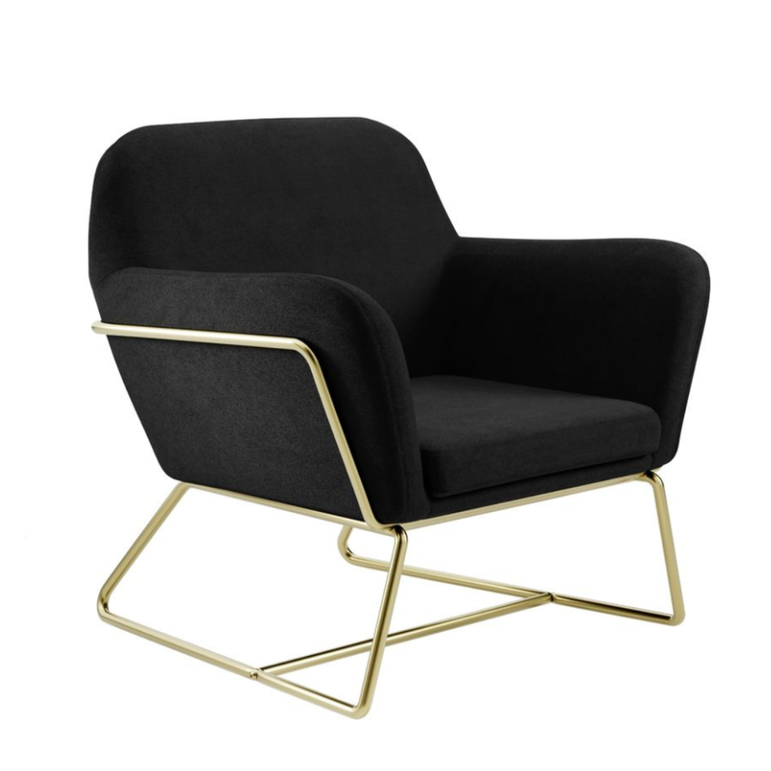 Troy Armchair - Black Velvet Fabric Seat - Brushed Gold Metal Frame