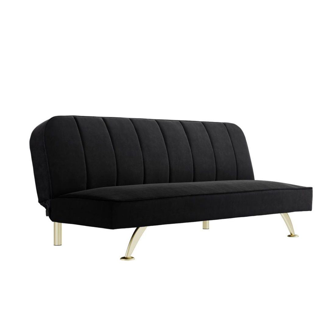 Blair Sofa Bed - Black Plush Velvet Seat - Brushed Gold Metal Legs