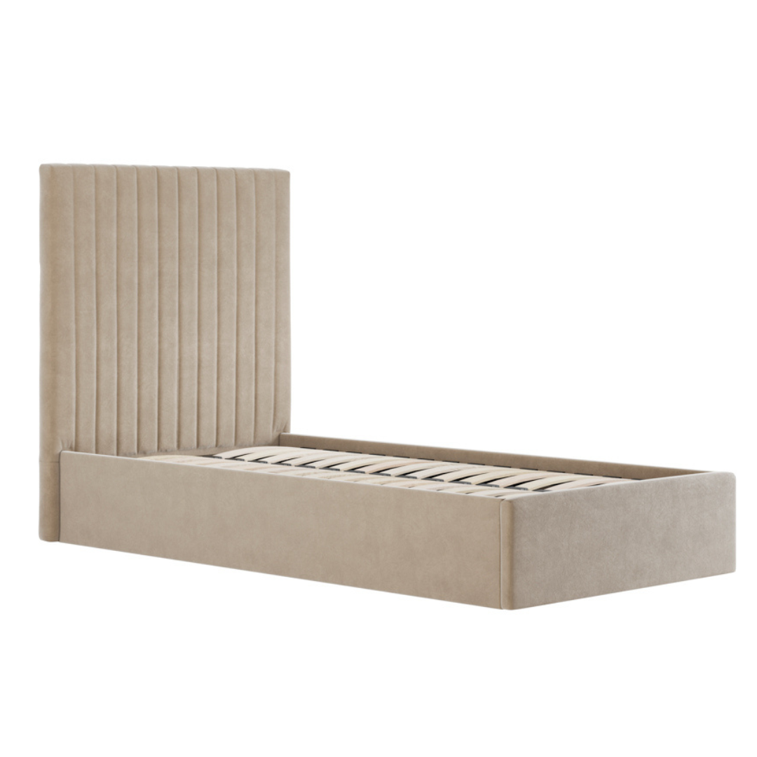 Luna Ottoman Storage Singel Bed - Soft Beige Velvet Upholstered Tall Frame
