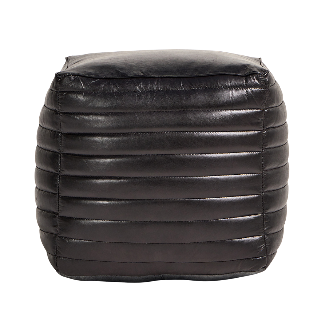 Square Pouffe - Black Ribbed Real Leather - 40 x 45cm