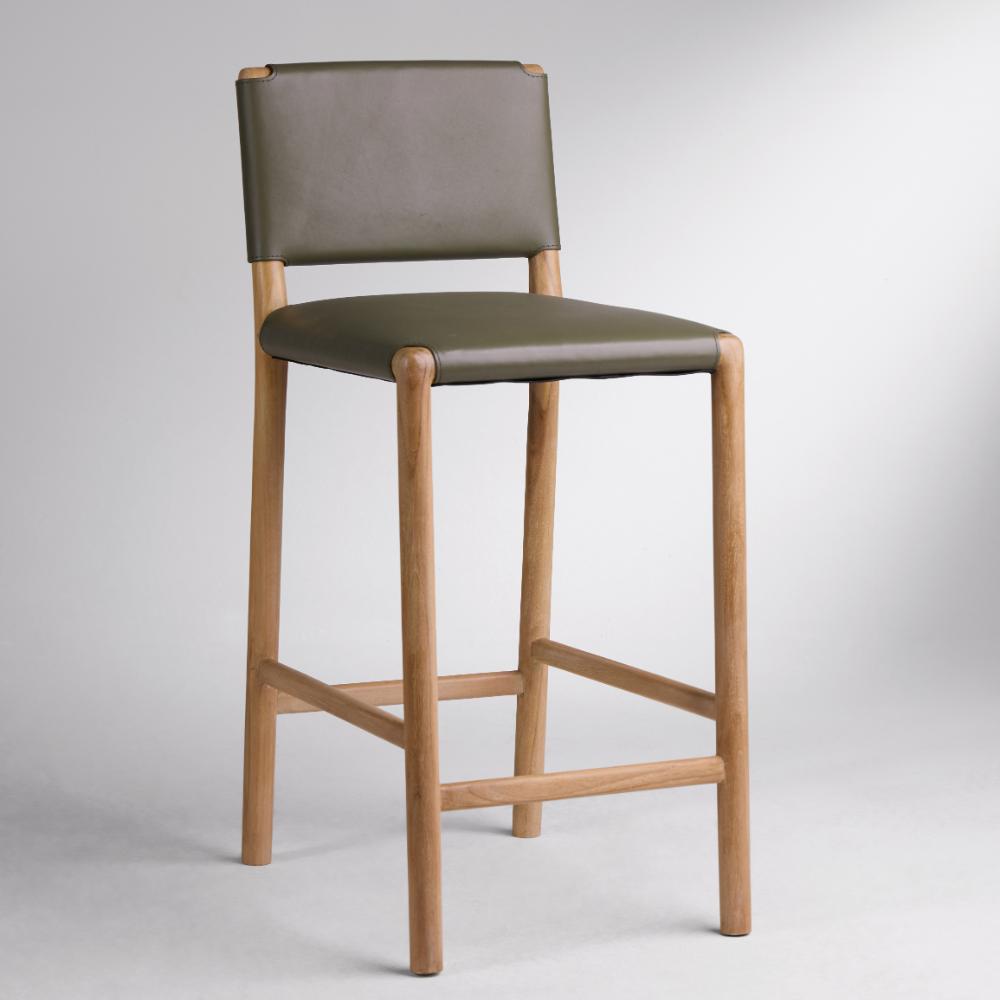 Amara Bar Stool - Olive Green Leather Seat - Solid Teak Frame - 66cm