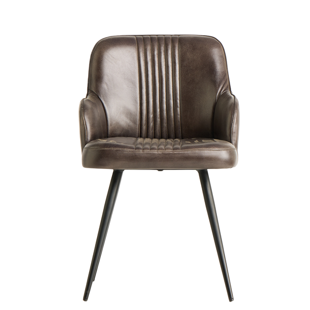 Ancoats Dining Chair - Grey Real Leather Seat - Black Metal Base