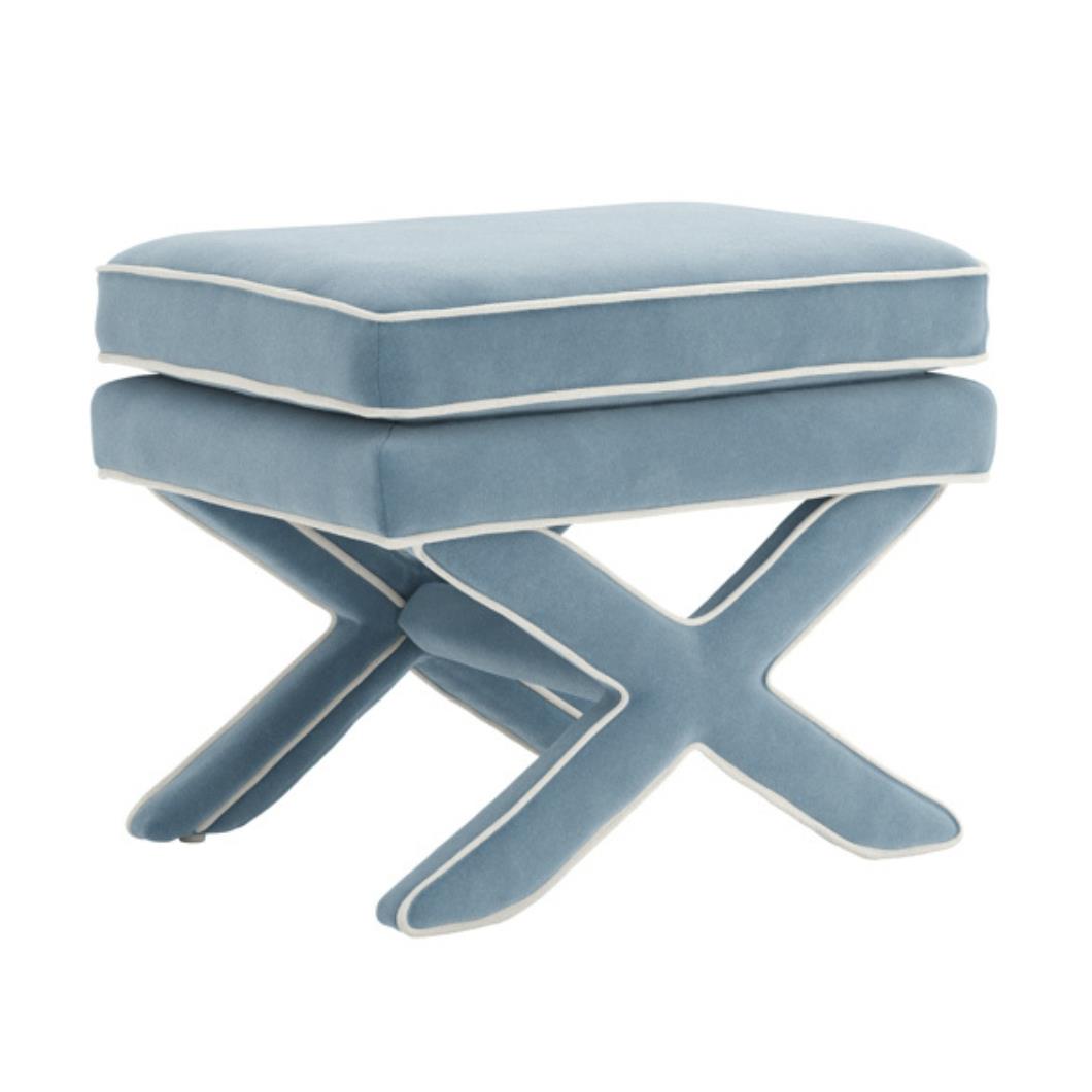 Emilia Low Stool - Ice Blue Soft Velvet Fabric Pillow Seat - X-Shaped Legs