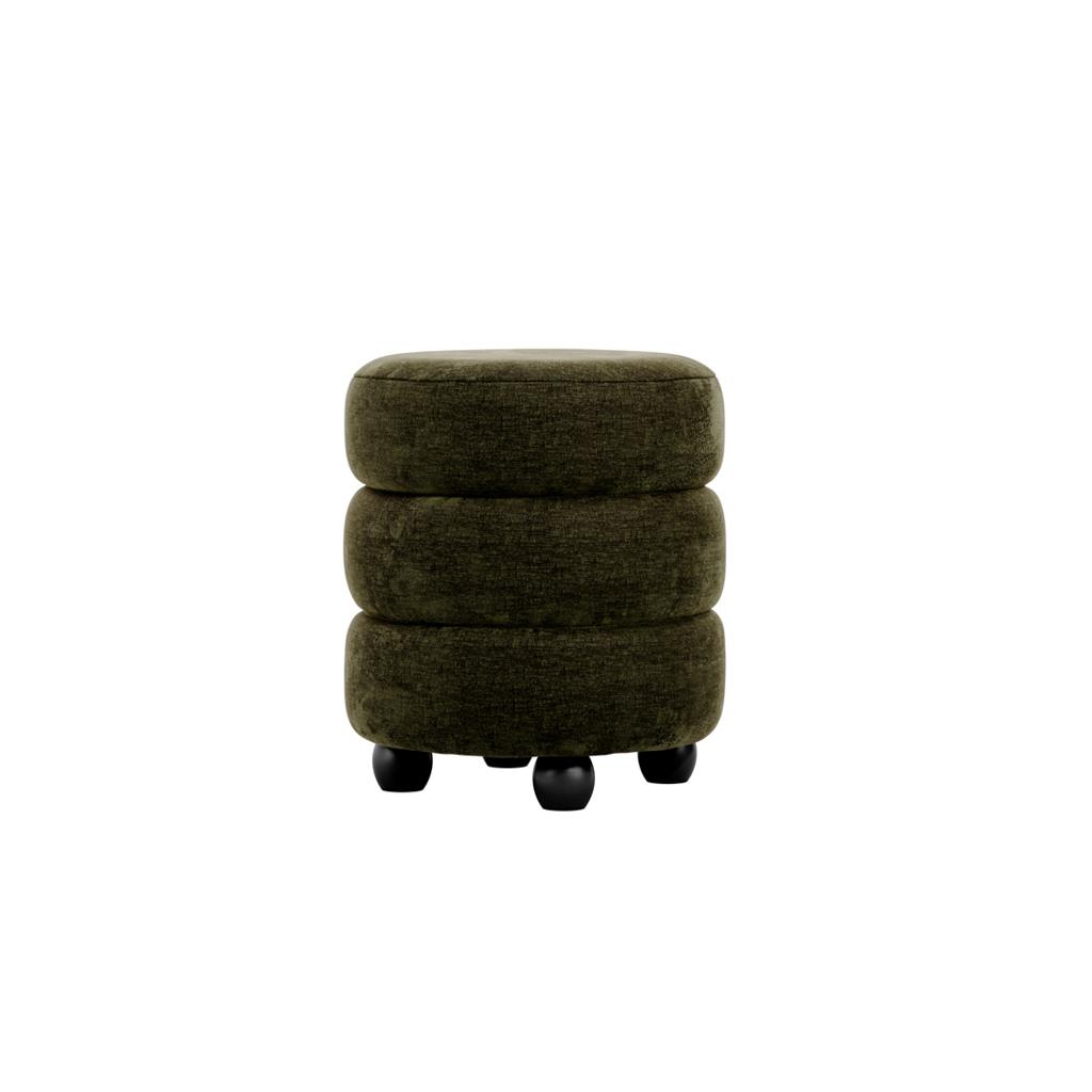 Marple Round Pouffe - Green Velvet Pouf Curved Seat - Black Pine Feet