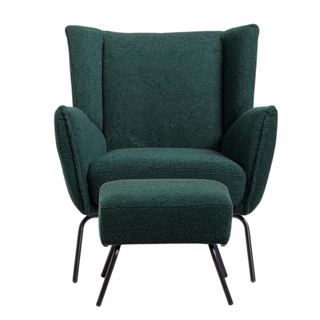 Winston Armchair with Footstool - Green Boucle Fabric - Black Metal Base