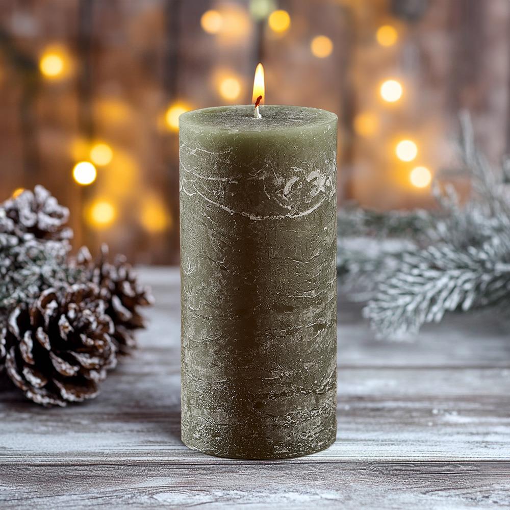 Rustic Pillar Candle - 20cm - 60 Hours Burn Time - Olive Green