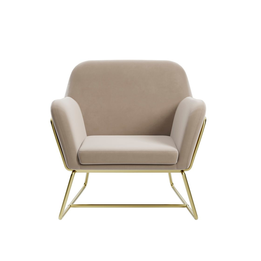 Troy Armchair - Beige Velvet Fabric Accent Seat - Brushed Gold Metal Frame