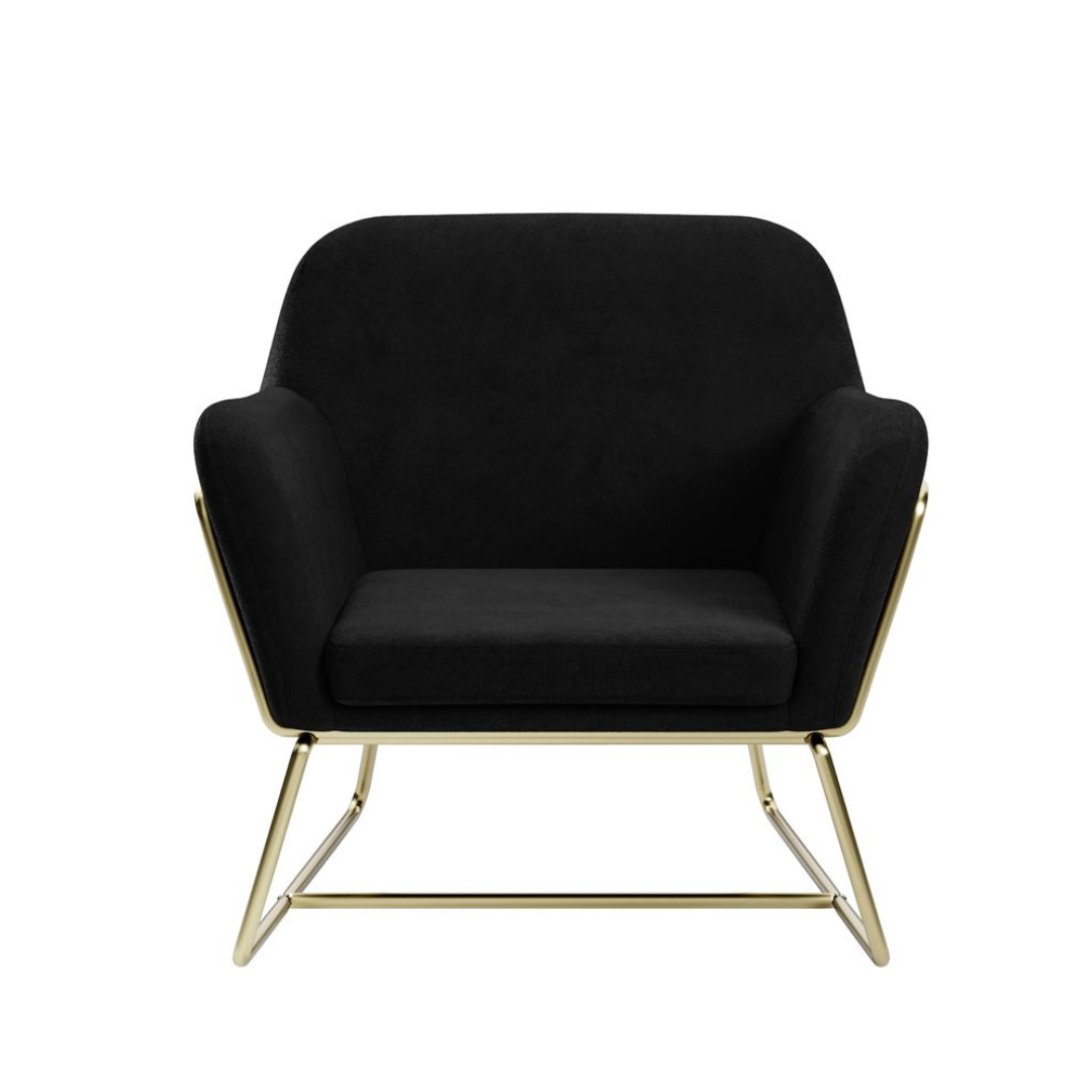 Troy Armchair - Black Velvet Fabric Accent Seat - Brushed Gold Metal Frame