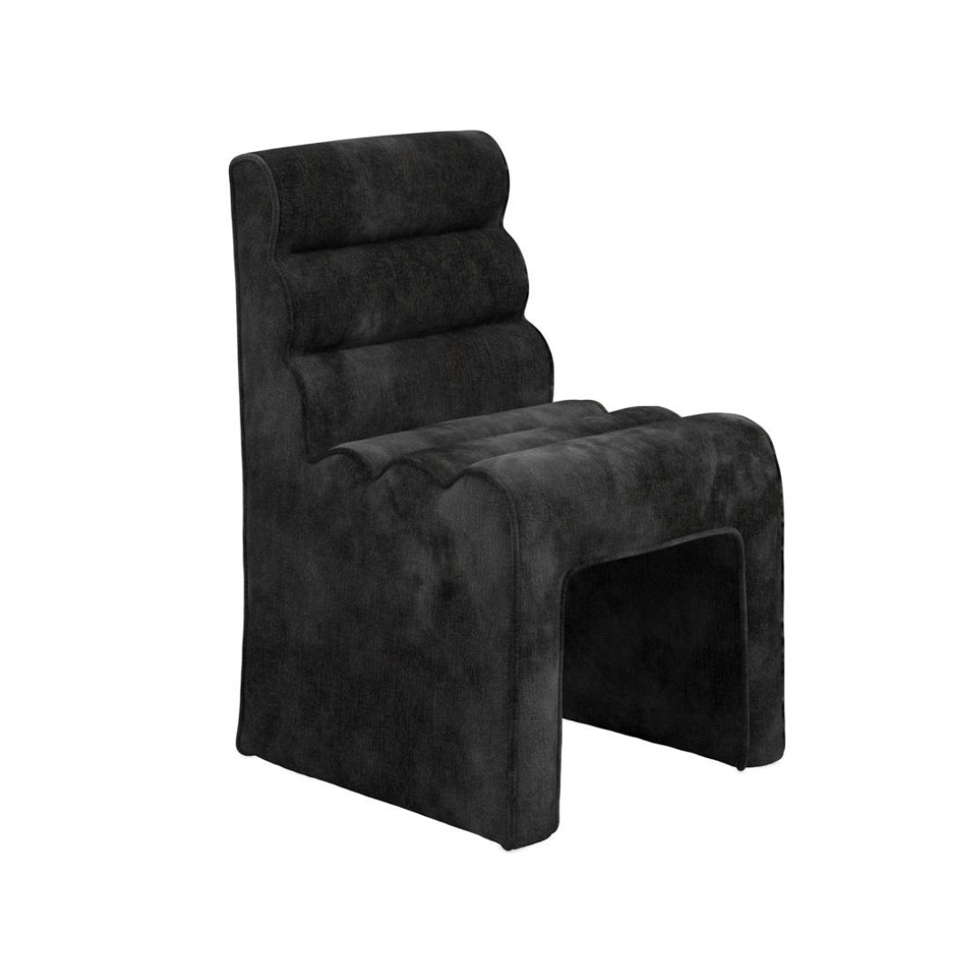 Finn Dining Chair - Black Velvet Sculptural Ribbed Seat - Fully Upholstered