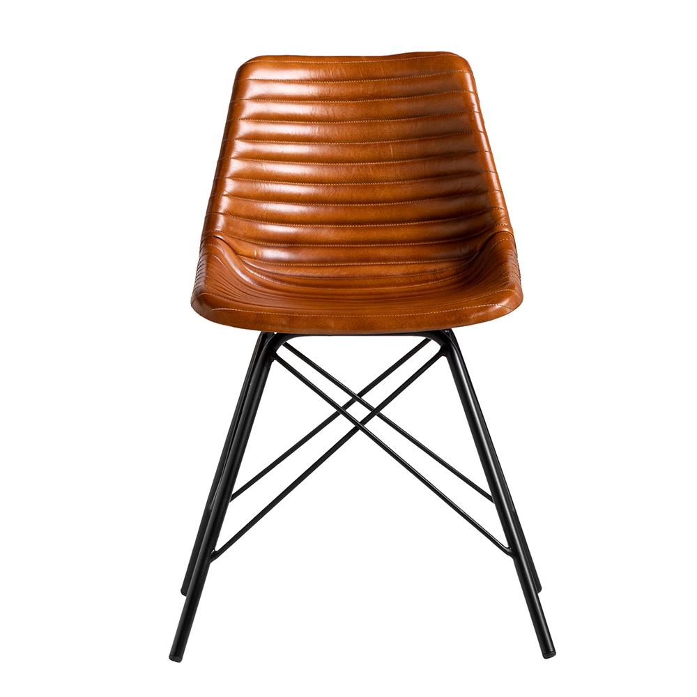 Cross Leg Dining Chair - Tan Ribbed Real Leather Seat - Black Base