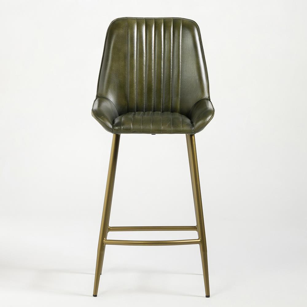 Brooklyn Bar Stool - Green Leather Seat - Dull Gold Metal Base - 66 cm