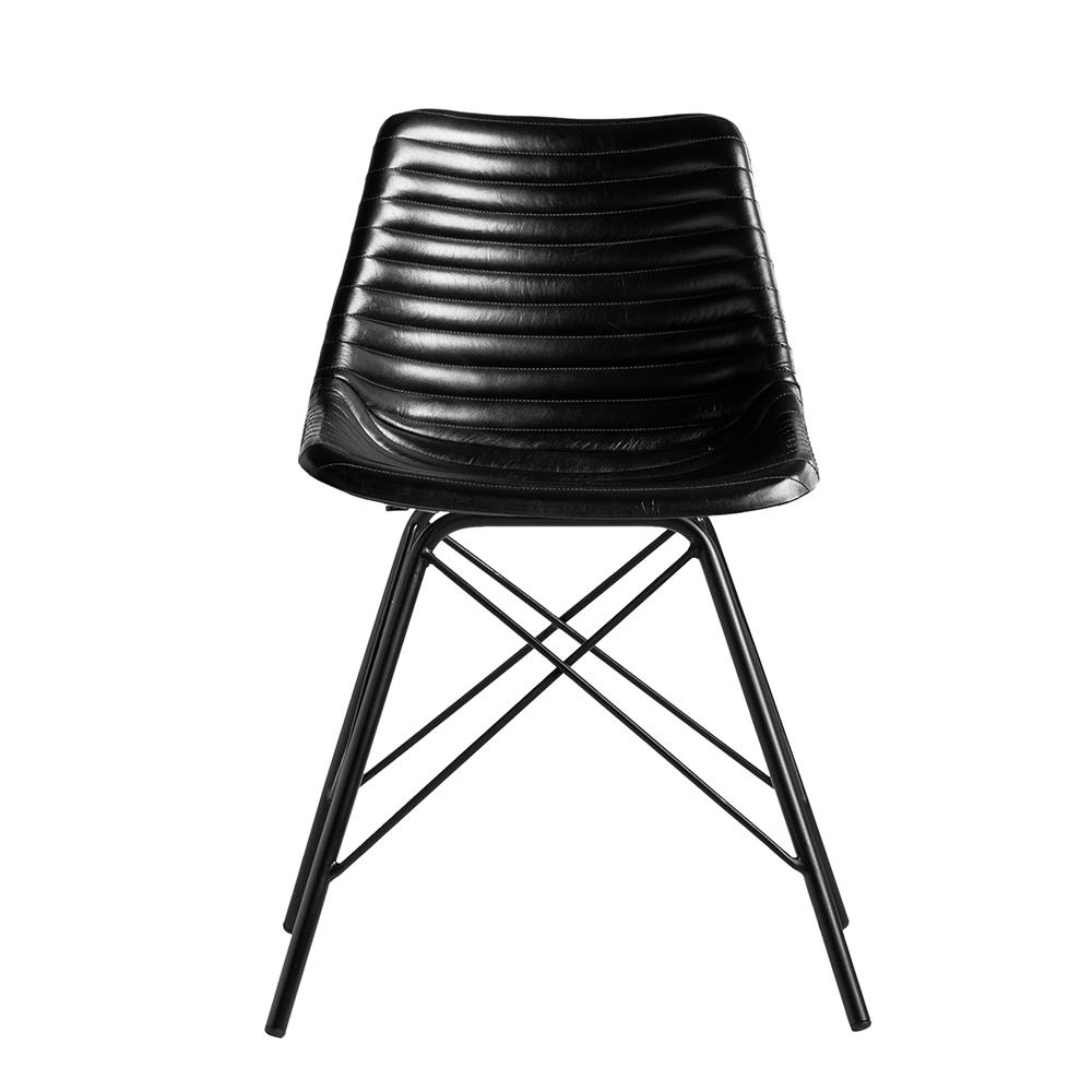 Cross Leg Dining Chair - Black Ribbed Real Leather Seat - Black Base