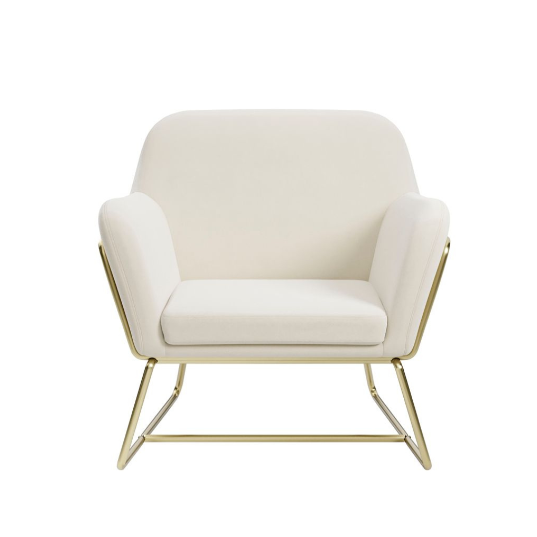 Troy Armchair - Cream Velvet Fabric Accent Seat - Brushed Gold Metal Frame