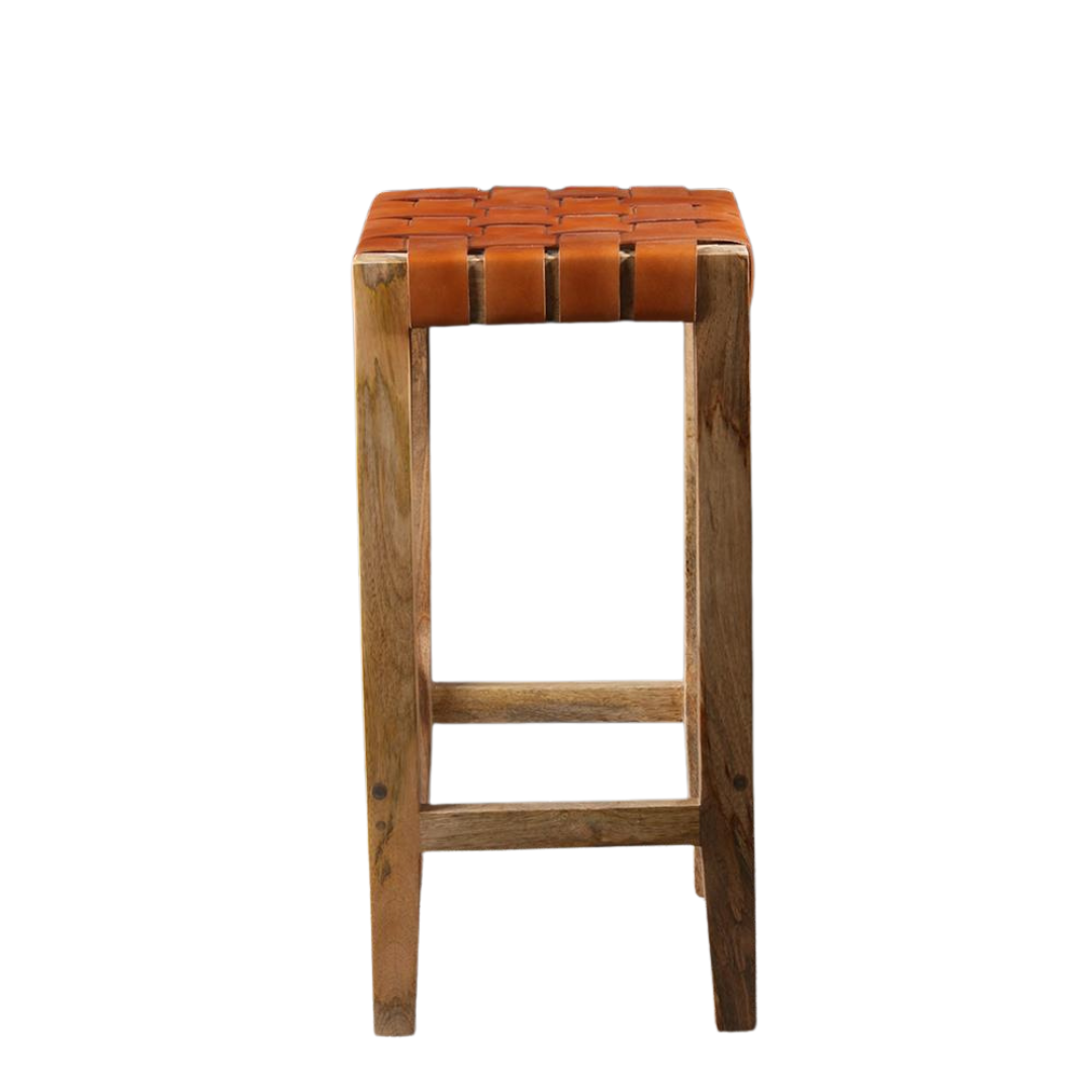 Leather Bar Stool - Tan Real Leather - Natural Frame - 66cm