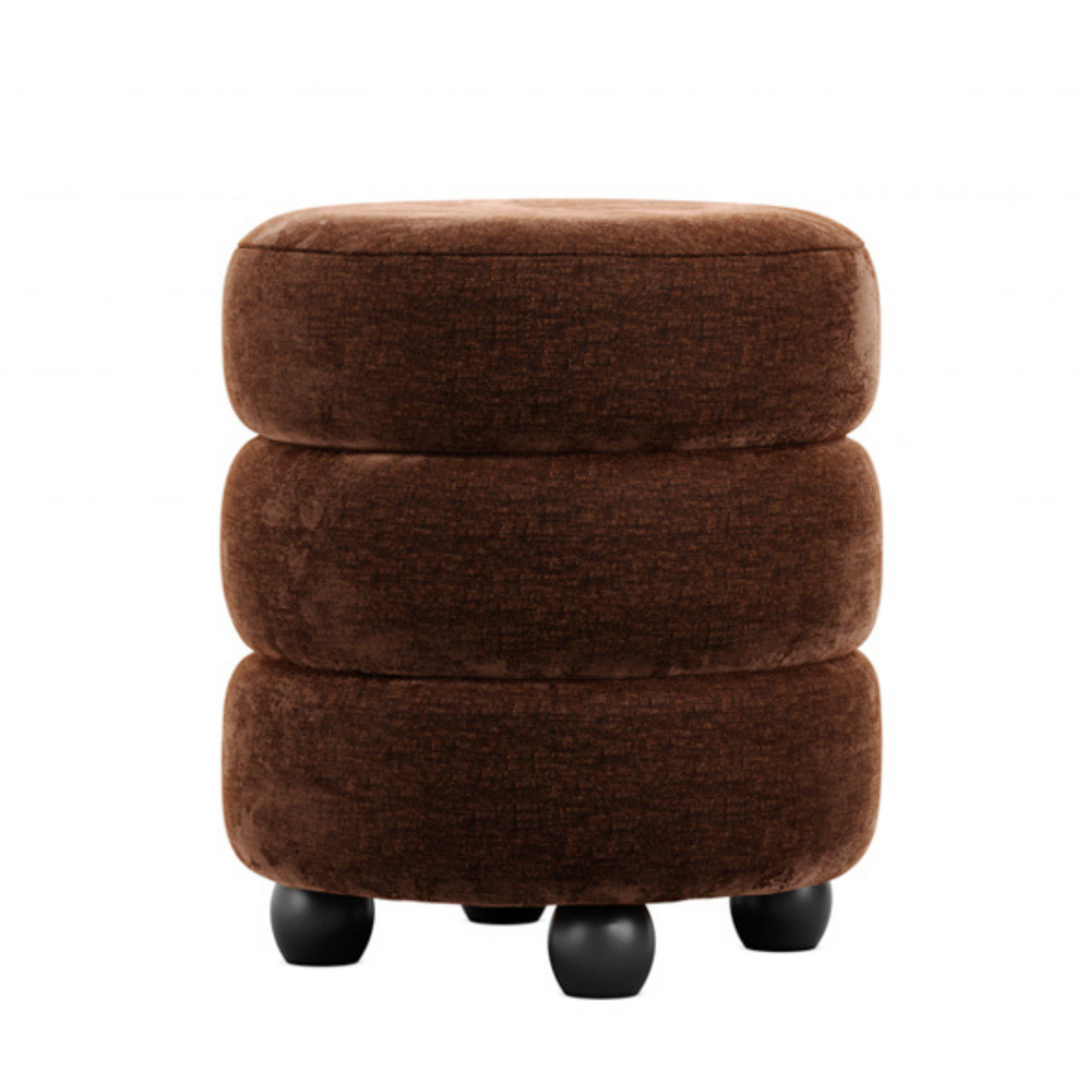 Marple Round Pouffe - Brown Chenille Velvet Pouf Curved Seat - Black Pine Feet