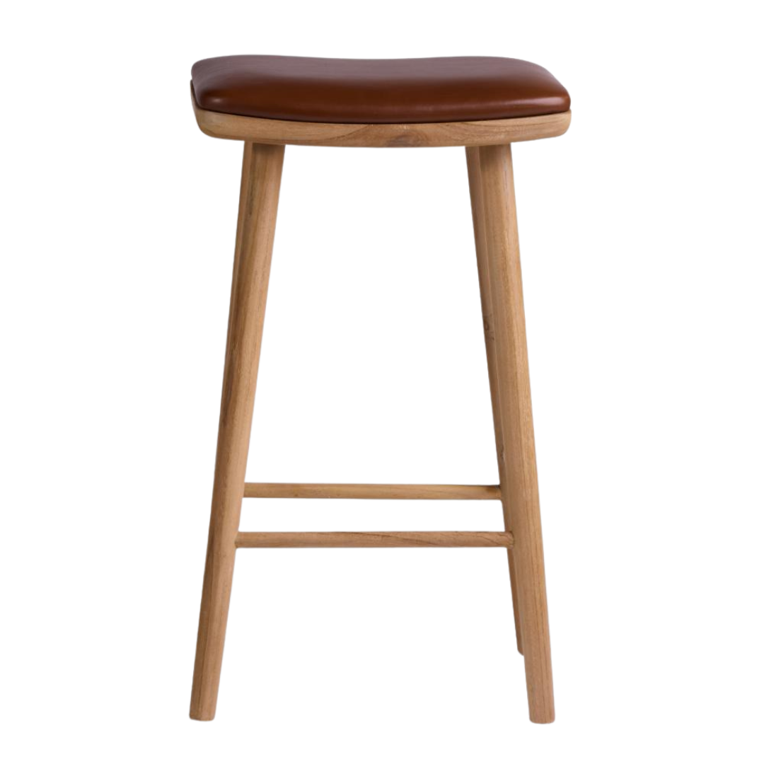 Lhasa Bar Stool - Brown Leather Seat - Teak Frame - 66cm