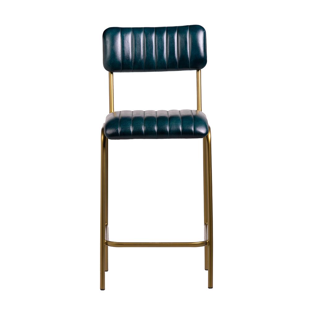 Diner Bar Stool - Blue Real Leather Seat - Antique Brass Metal Frame - 66m