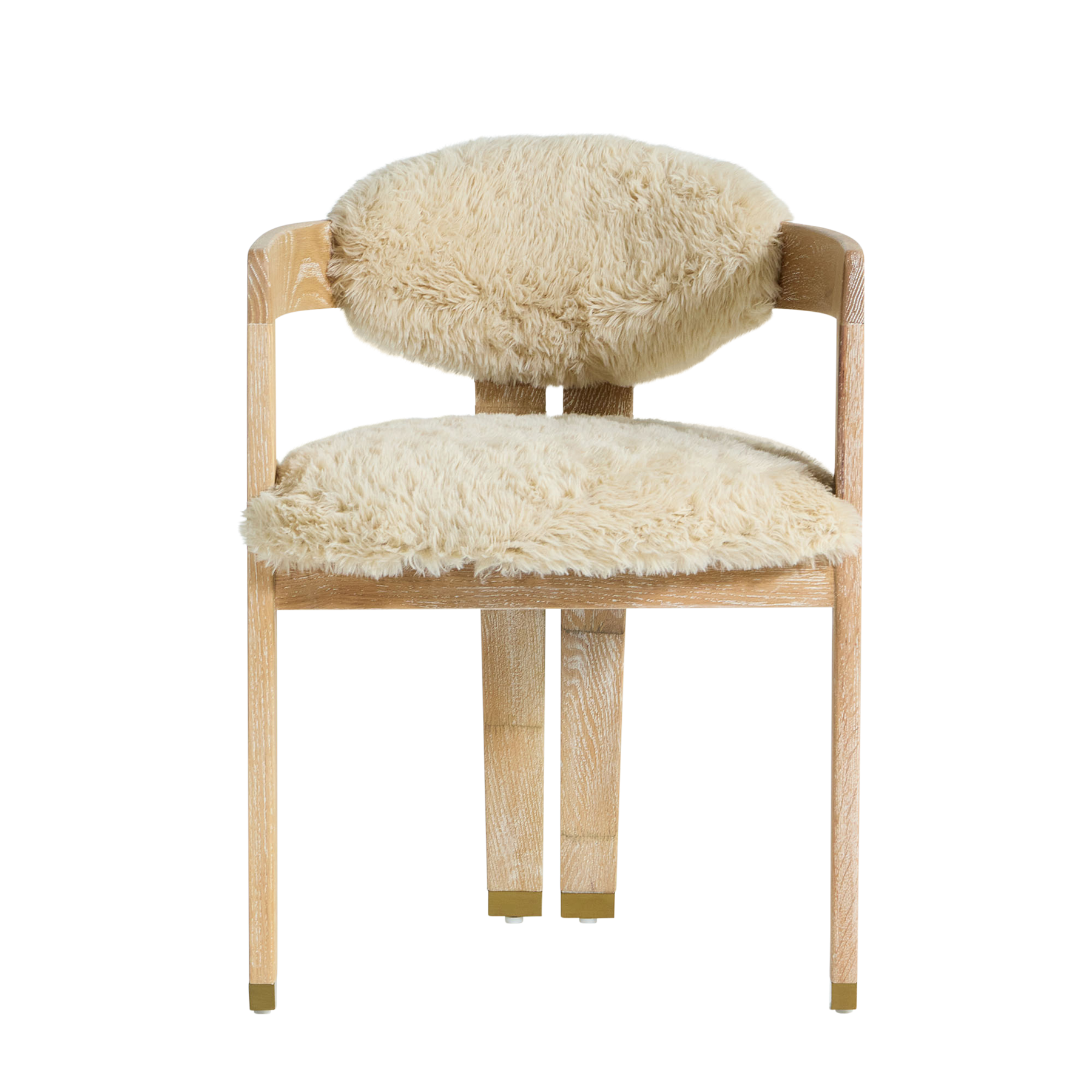 Alaska Dining Chair - Sand Faux Fur - Solid Oak Frame with Brass Caps