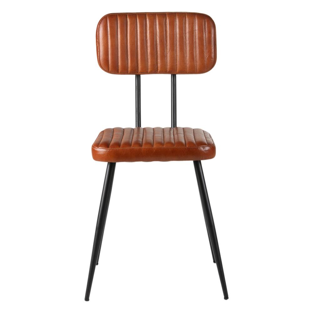 Memphis Dining Chair - Tan Real Leather Ribbed Seat - Black Base