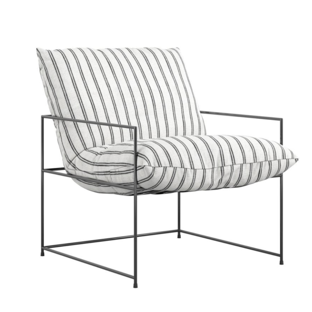 Parker Accent Chair - Stipe Fabric Cushion Seat - Black Metal Frame